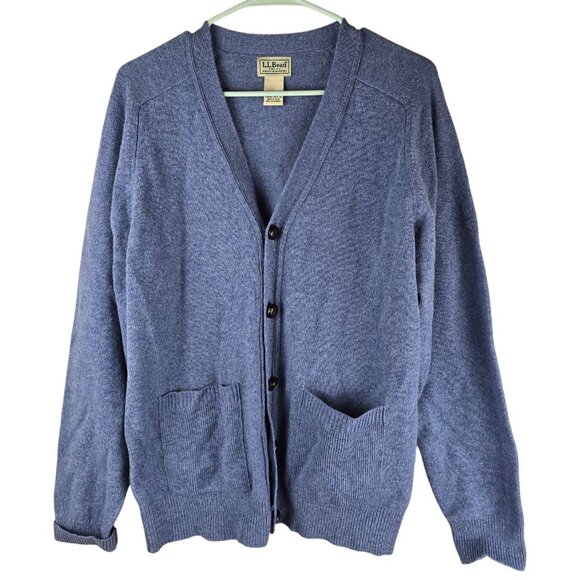 Vintage LL Bean Sweater Blue Lambswool Button Cardigan Grandpa - Picture 1 of 5